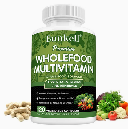 Bunkell Whole Food Multivitamin - Complete Daily Vitamins for Men and Women from Natural Whole Foods, Real Raw Veggies, Fruits, Vitamin E, A, B Complex