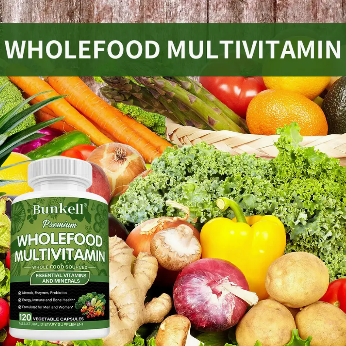 Bunkell Whole Food Multivitamin - Complete Daily Vitamins for Men and Women from Natural Whole Foods, Real Raw Veggies, Fruits, Vitamin E, A, B Complex